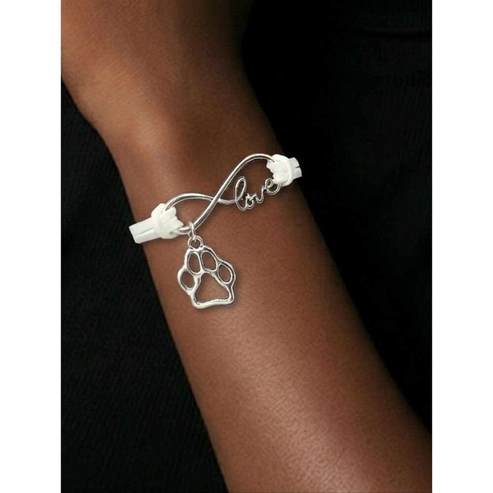 Dog Mom Paw Print Bracelet White Leather Pet Lover Infinity Cat Lady Charm Love